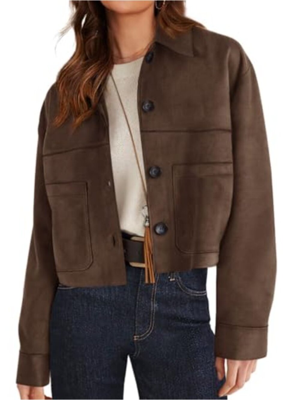 Womens Faux Suede Cropped Aviator Jacket Long Sleeve Patch Pocket Casual